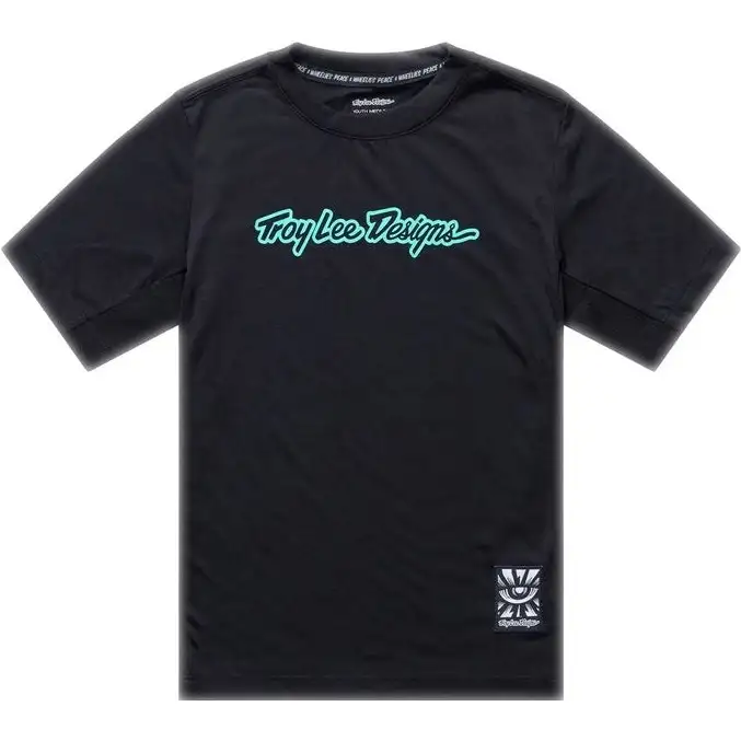Cykeltröja Troy Lee Designs Youth Skyline Ride Short Sleeve Tee Signature Black/Real Teal