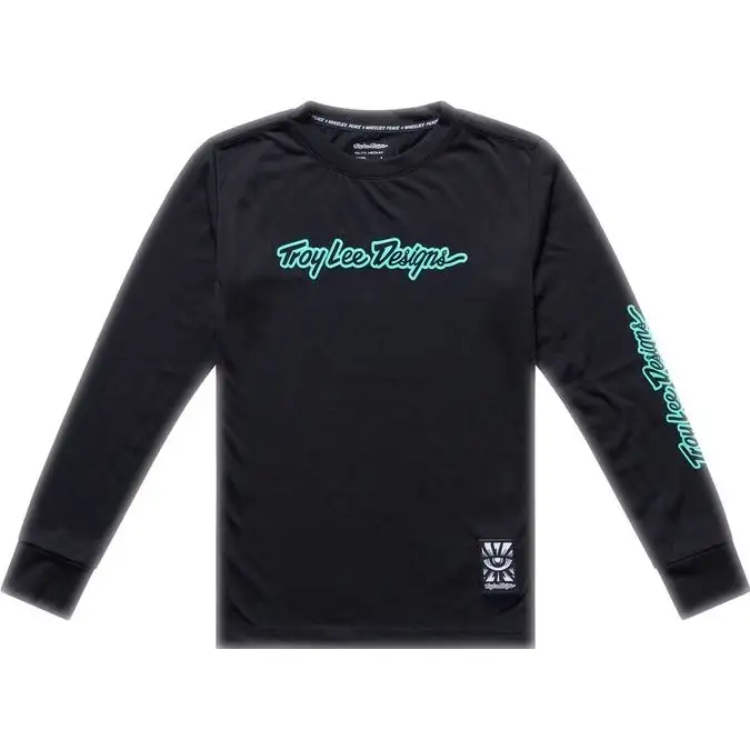 Cykeltröja Troy Lee Designs Youth Skyline Ride Long Sleeve Tee Signature Black/Real Teal