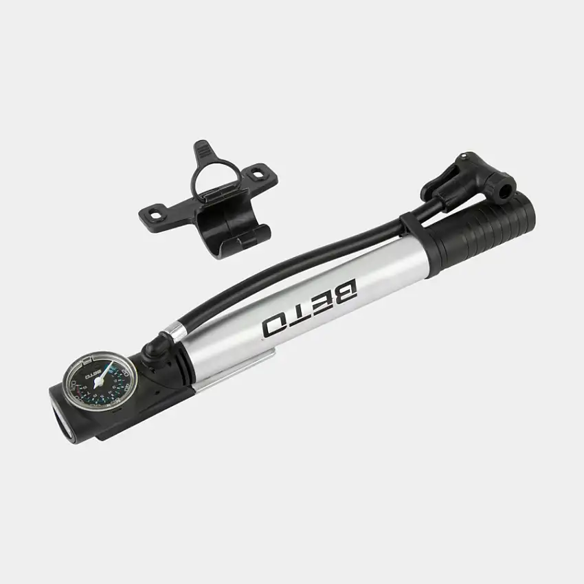 Fotpump Och Minipump BETO 2-In-1 Med Analog Tryckmätare (Manometer) Med Extern Slang + Ramfäste silver